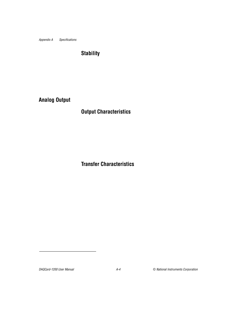 Stability, Analog output output characteristics, Transfer characteristics | National Instruments DAQCard-1200 User Manual | Page 73 / 101