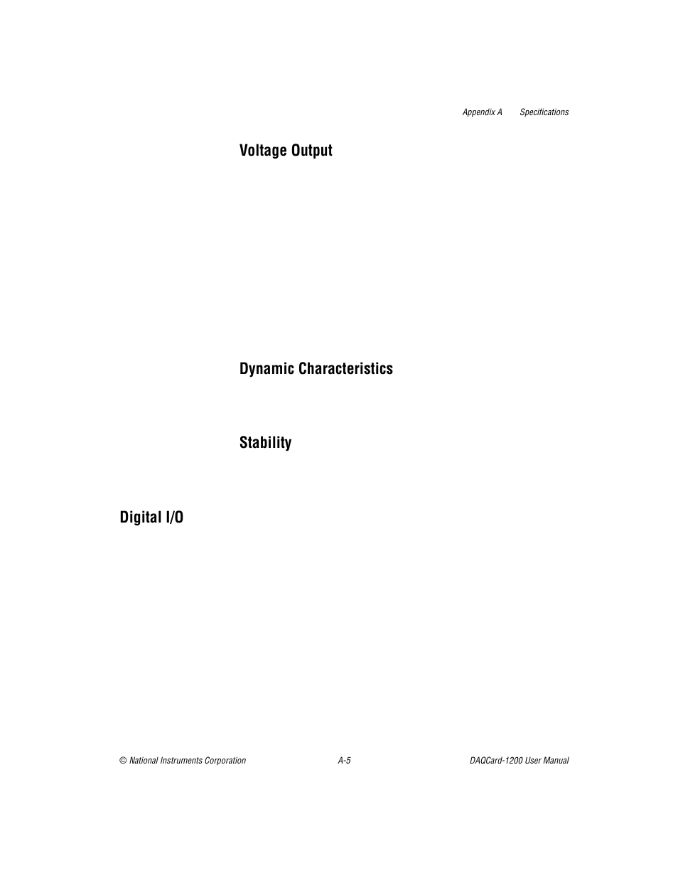 Voltage output, Dynamic characteristics, Stability | Digital i/o | National Instruments DAQCard-1200 User Manual | Page 74 / 101