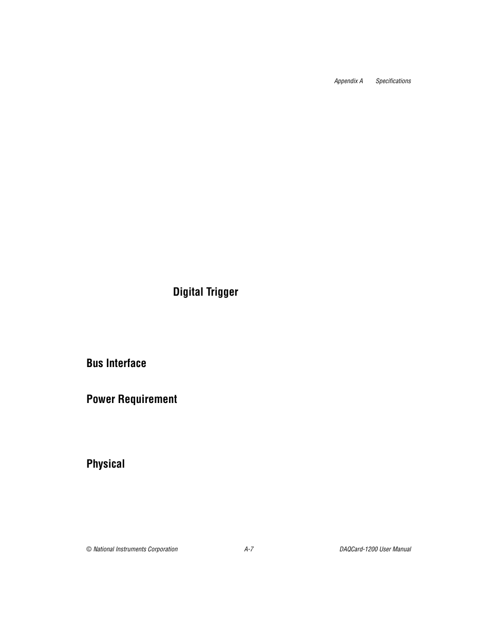 Digital trigger, Bus interface, Power requirement | Physical | National Instruments DAQCard-1200 User Manual | Page 76 / 101