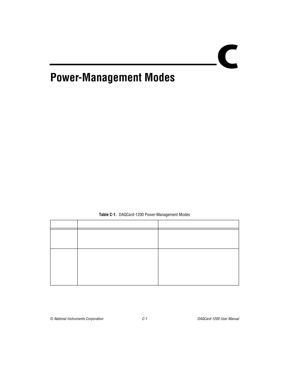 Appendix c power-management modes, Table c-1. daqcard-1200 power-management modes, Table c-1 | Endix c, Power-management modes, For a descrip | National Instruments DAQCard-1200 User Manual | Page 80 / 101