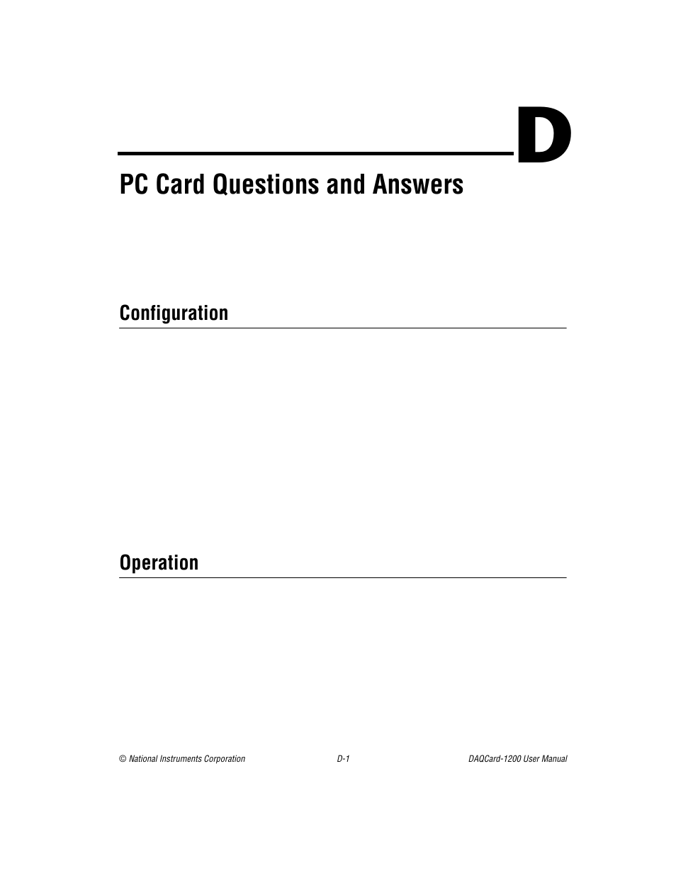 Appendix d pc card questions and answers, Configuration, Operation | Endix d, Pc card questions and answers | National Instruments DAQCard-1200 User Manual | Page 82 / 101