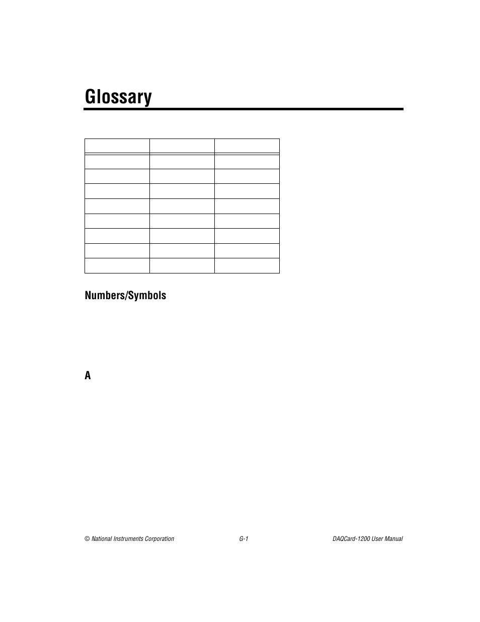 Glossary, Numbers/symbols | National Instruments DAQCard-1200 User Manual | Page 88 / 101