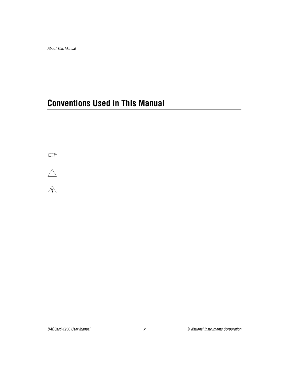 Conventions used in this manual | National Instruments DAQCard-1200 User Manual | Page 9 / 101