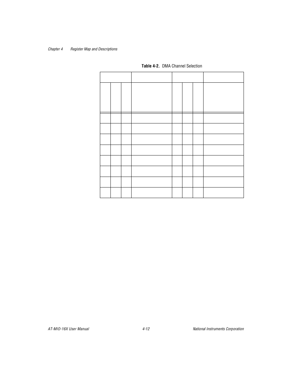 Table 4-2. dma channel selection, Table 4-2, Dma channel selection -12 | National Instruments AT-MIO-16X User Manual | Page 108 / 330