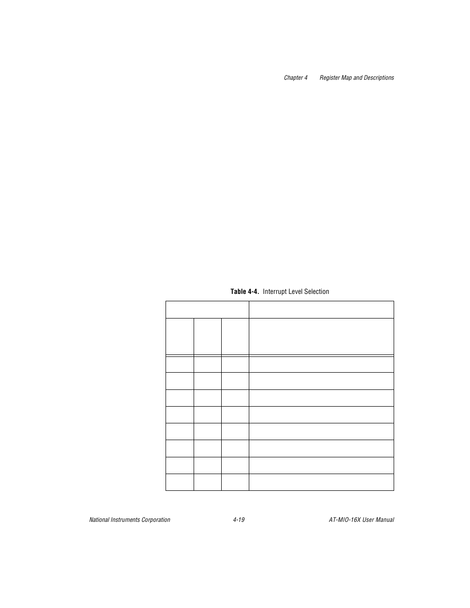 Table 4-4. interrupt level selection, Table 4-4, Interrupt level selection -19 | National Instruments AT-MIO-16X User Manual | Page 115 / 330