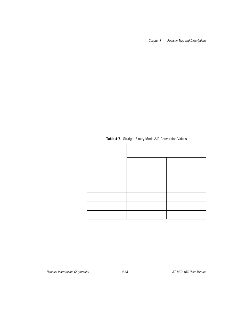 Table 4-7. straight binary mode a/d conversion val, Table 4-7, Straight binary mode a/d conversion values -33 | National Instruments AT-MIO-16X User Manual | Page 129 / 330