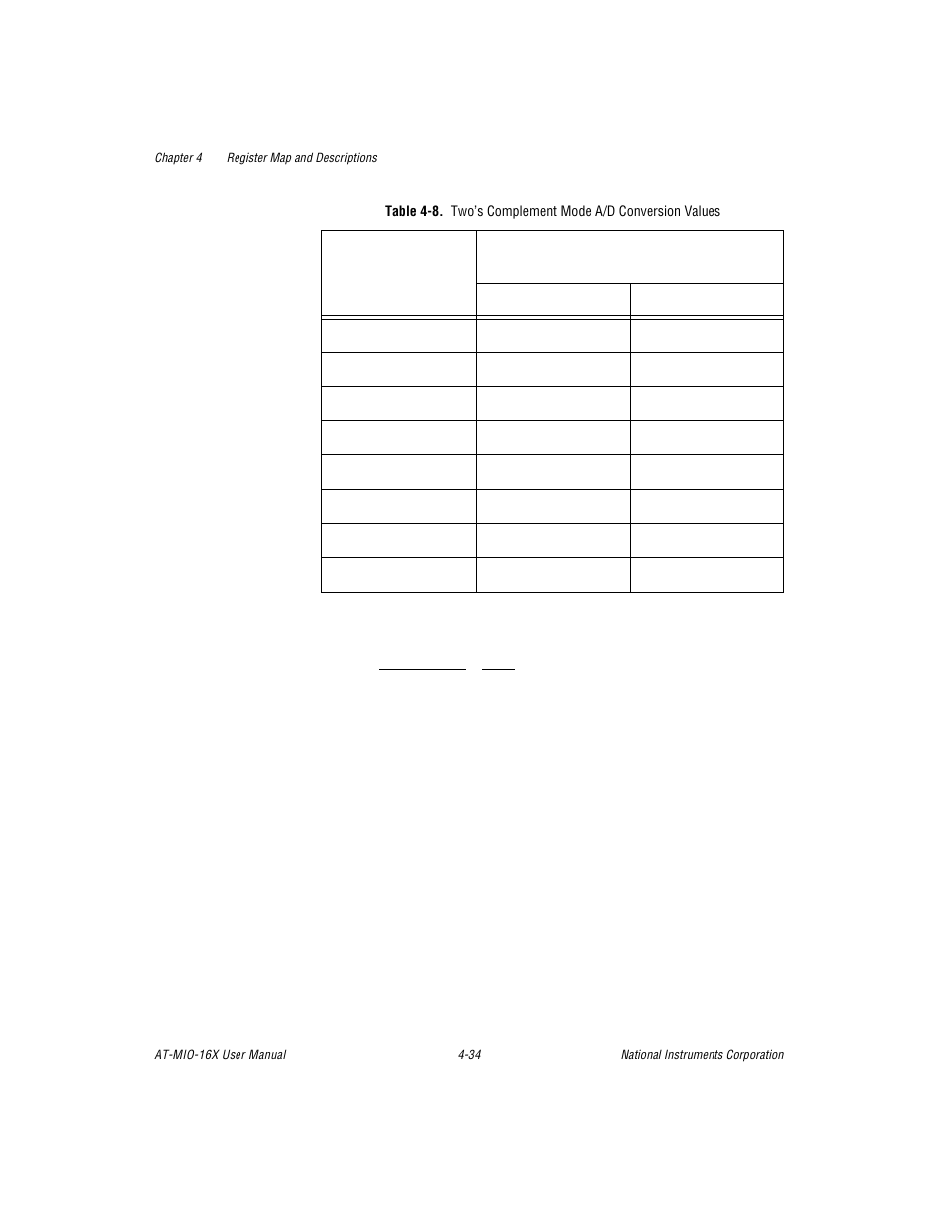 Table 4-8. two’s complement mode a/d conversion va, Table 4-8, Two’s complement mode a/d conversion values -34 | National Instruments AT-MIO-16X User Manual | Page 130 / 330