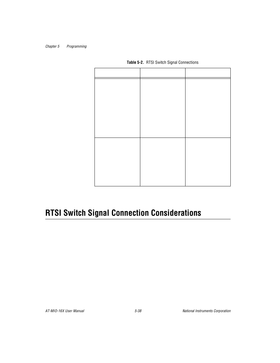 Rtsi switch signal connection considerations, Table 5-2. rtsi switch signal connections, Rtsi switch signal connection considerations -38 | Table 5-2, Rtsi switch signal connections -38 | National Instruments AT-MIO-16X User Manual | Page 207 / 330