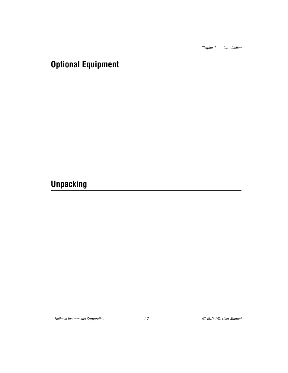 Optional equipment, Unpacking, Optional equipment -7 unpacking -7 | National Instruments AT-MIO-16X User Manual | Page 22 / 330