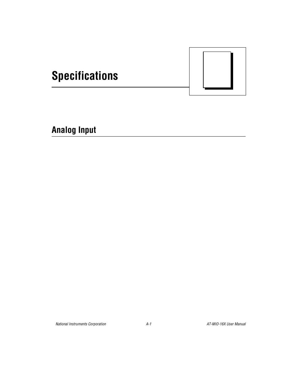 Appendix a specifications, Appendix a, Specifications | Analog input | National Instruments AT-MIO-16X User Manual | Page 224 / 330