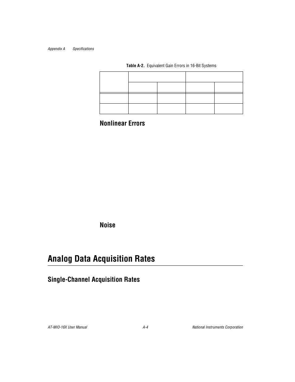 Table a-2. equivalent gain errors in 16-bit system, Table a-2, Analog data acquisition rates | Nonlinear errors, Noise, Single-channel acquisition rates | National Instruments AT-MIO-16X User Manual | Page 227 / 330