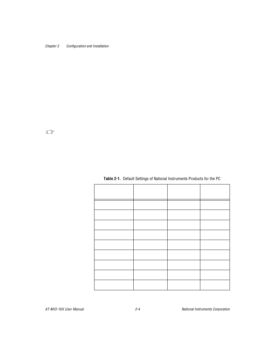 Table 2-1. default settings of national instrument, Table 2-1 | National Instruments AT-MIO-16X User Manual | Page 26 / 330