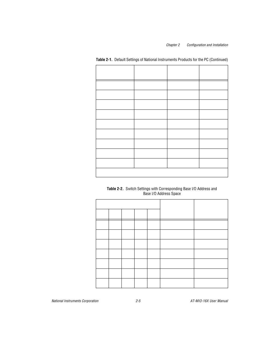 Table 2-2. switch settings with corresponding base, Table 2-2 | National Instruments AT-MIO-16X User Manual | Page 27 / 330