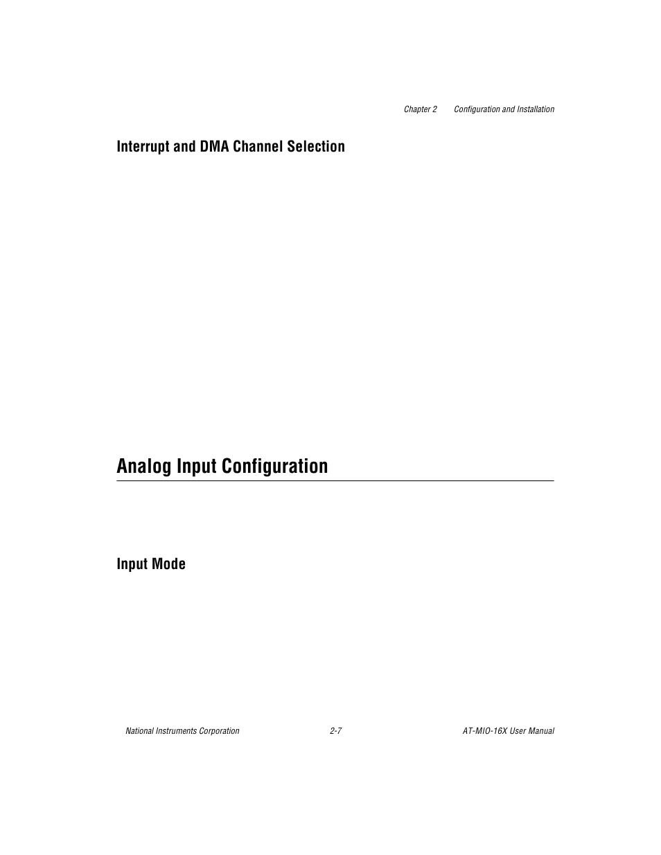 Interrupt and dma channel selection, Analog input configuration, Input mode | Interrupt and dma channel selection -7, Analog input configuration -7, Input mode -7 | National Instruments AT-MIO-16X User Manual | Page 29 / 330