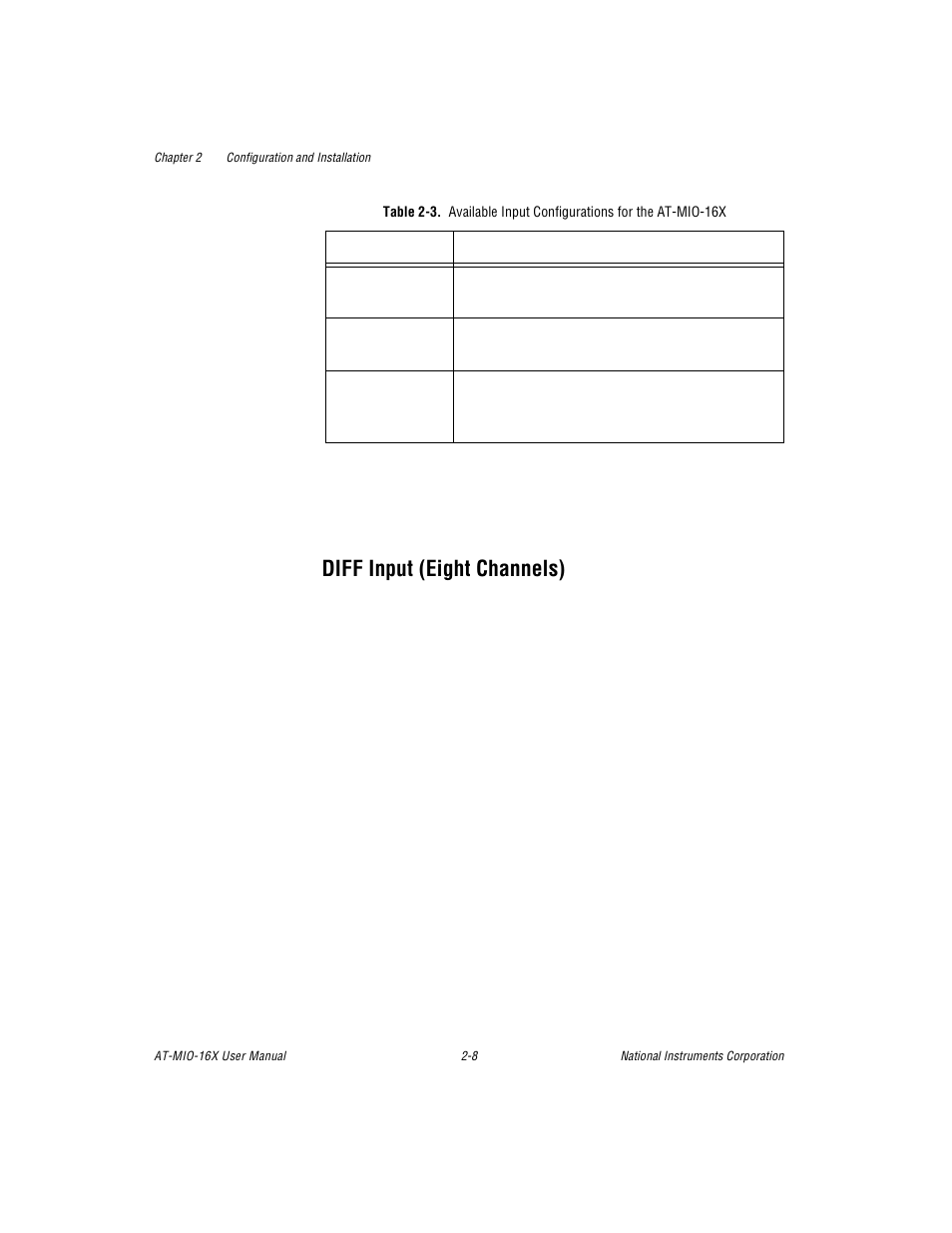 Diff input (eight channels), Table 2-3. available input configurations for the, Diff input (eight channels) -8 | Table 2-3 | National Instruments AT-MIO-16X User Manual | Page 30 / 330