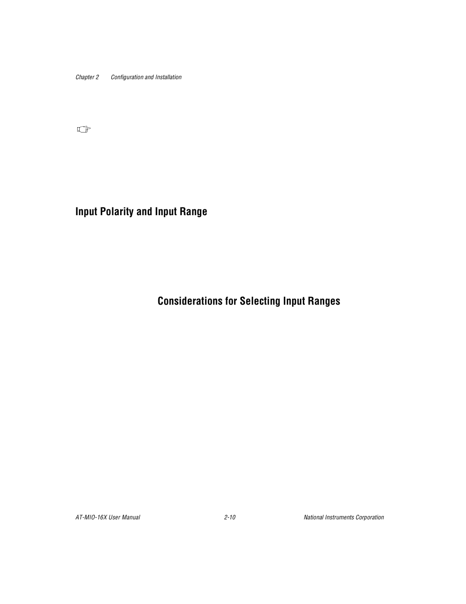 Input polarity and input range, Considerations for selecting input ranges, Input polarity and input range -10 | Considerations for selecting input ranges -10 | National Instruments AT-MIO-16X User Manual | Page 32 / 330