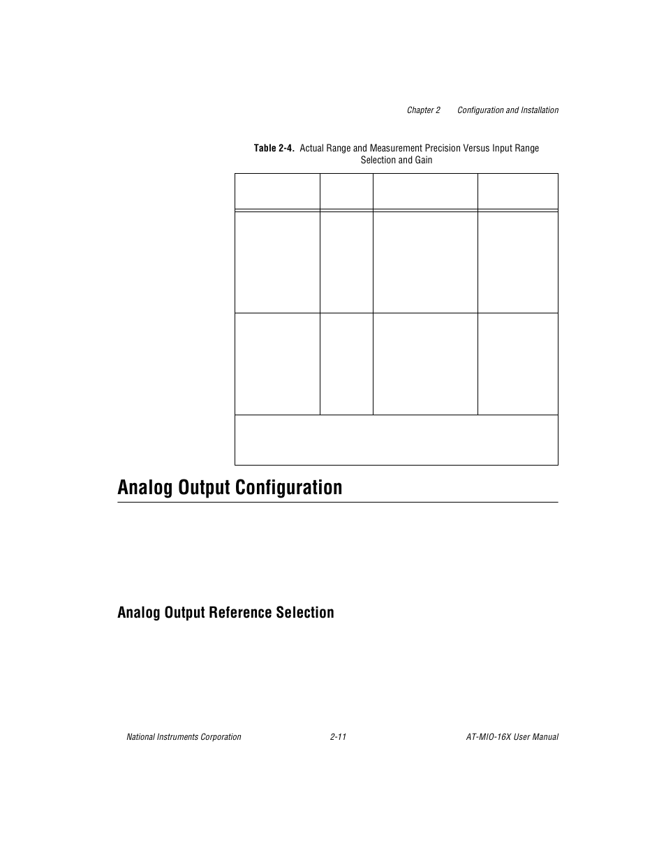 Analog output configuration, Analog output reference selection, Table 2-4. actual range and measurement precision | Analog output configuration -11, Analog output reference selection -11, Table 2-4 | National Instruments AT-MIO-16X User Manual | Page 33 / 330