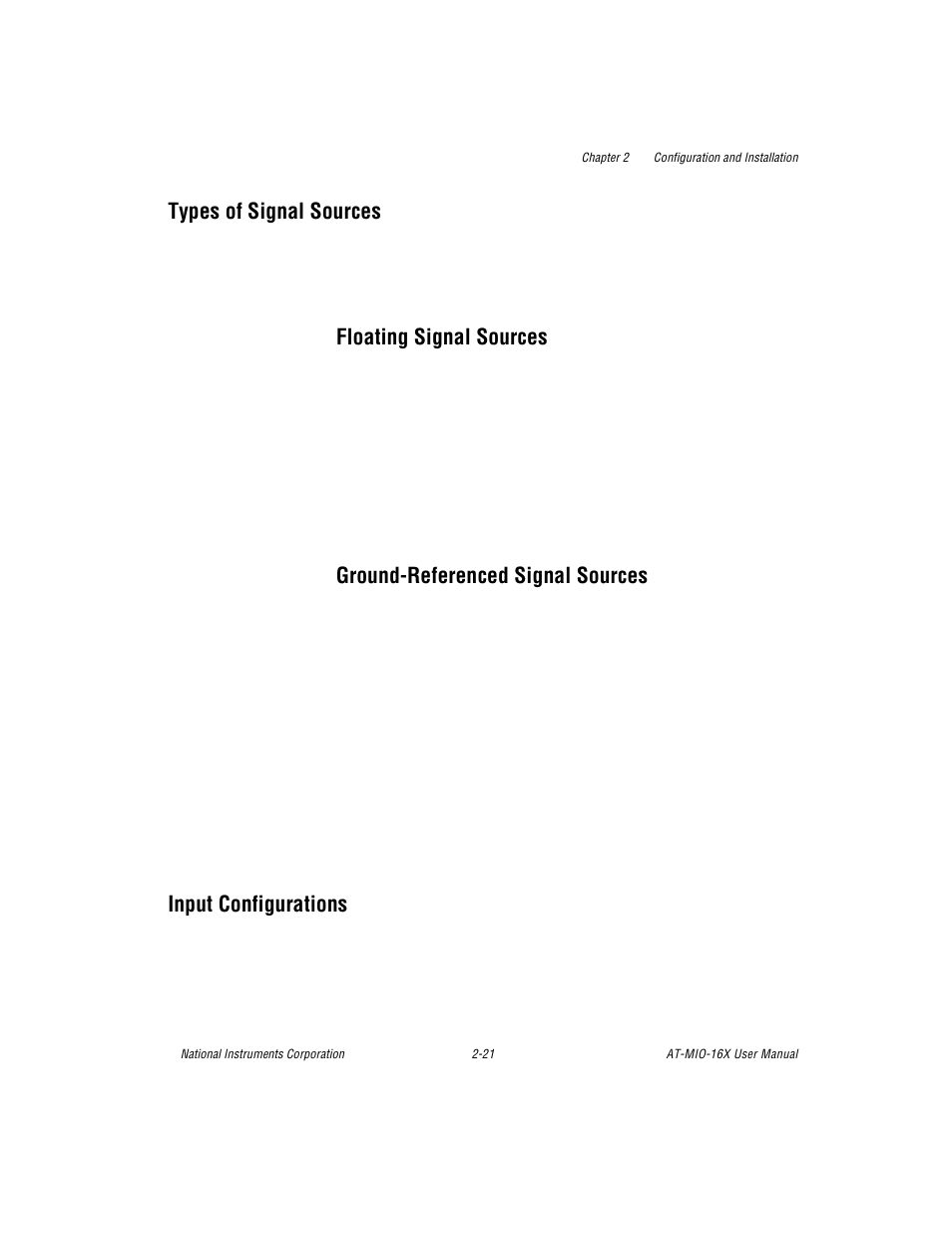 Types of signal sources, Floating signal sources, Ground-referenced signal sources | Input configurations, Types of signal sources -21, Input configurations -21 | National Instruments AT-MIO-16X User Manual | Page 43 / 330