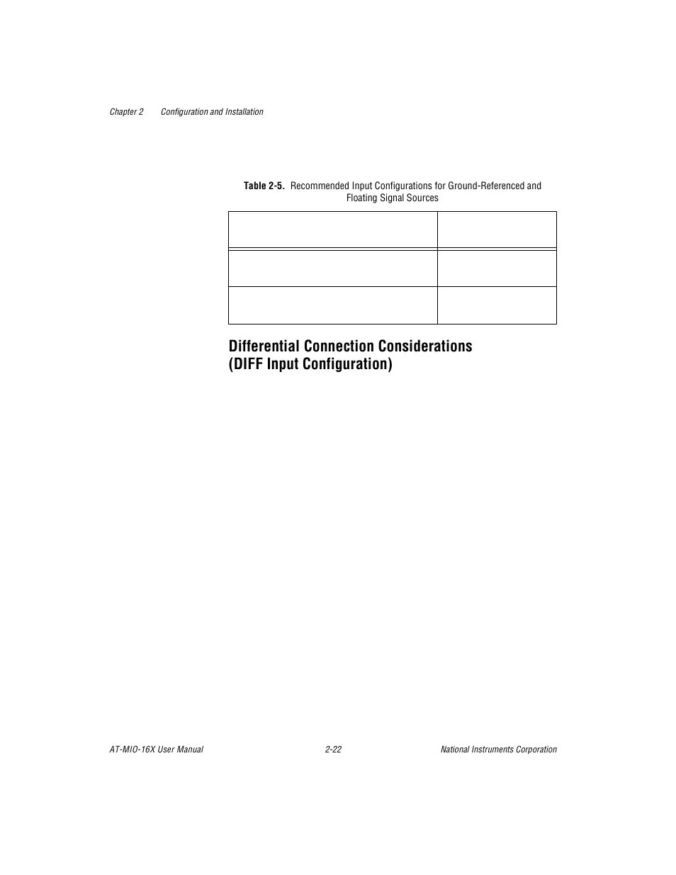 Differential connection considerations (diffinput, Table 2-5. recommended input configurations for gr, Differential connection considerations (diff input | Configuration) -22, Table 2-5 | National Instruments AT-MIO-16X User Manual | Page 44 / 330