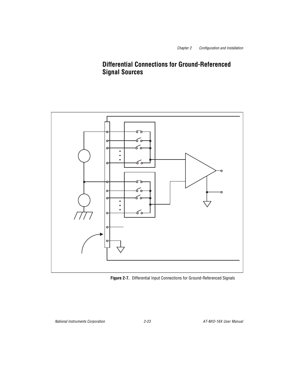 Differential connections for ground-referenced sig, Figure 2-7. differential input connections for gro, Sources -23 | Figure 2-7 | National Instruments AT-MIO-16X User Manual | Page 45 / 330