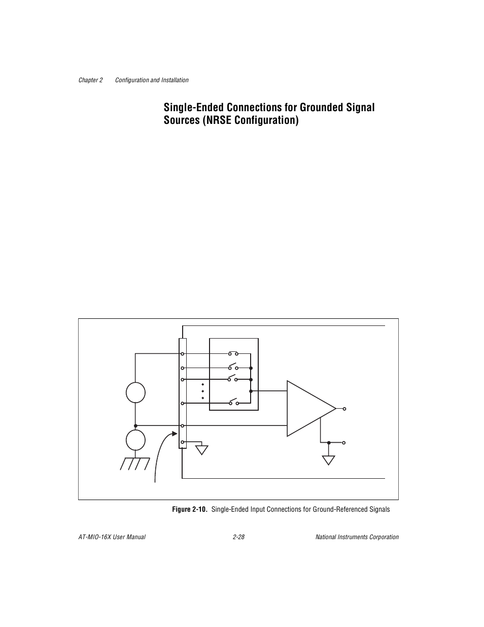 Single-ended connections for grounded signal sourc, Figure 2-10. single-ended input connections for gr, Nrse configuration) -28 | National Instruments AT-MIO-16X User Manual | Page 50 / 330
