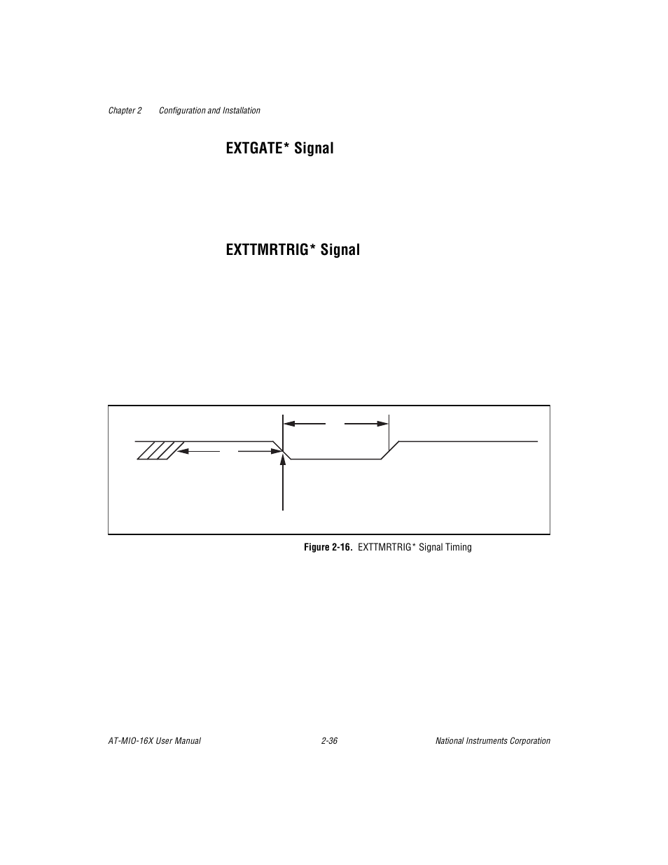 Extgate* signal, Exttmrtrig* signal, Figure 2-16. exttmrtrig* signal timing | Extgate* signal -36 exttmrtrig* signal -36, Figure 2-16. exttmrtrig* signal timing -36 | National Instruments AT-MIO-16X User Manual | Page 58 / 330