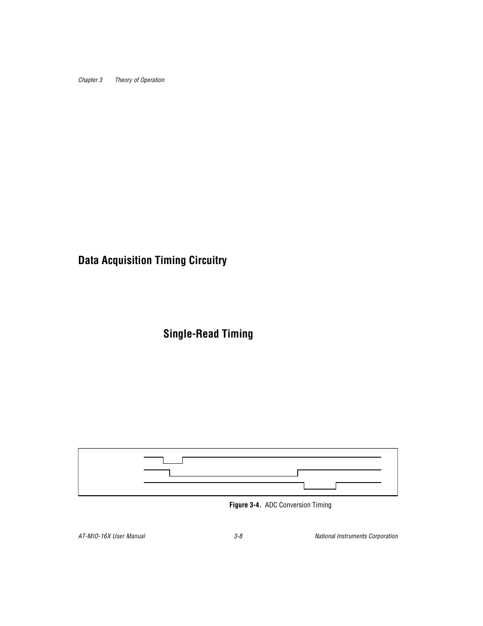 Data acquisition timing circuitry, Single-read timing, Figure 3-4. adc conversion timing | Data acquisition timing circuitry -8, Single-read timing -8, Figure 3-4, Adc conversion timing -8 | National Instruments AT-MIO-16X User Manual | Page 74 / 330