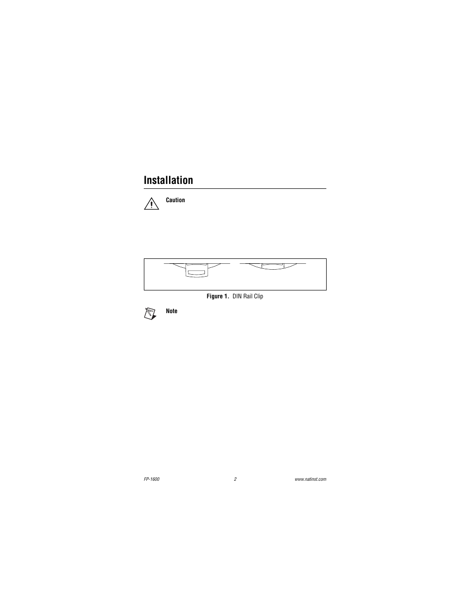 Installation, Figure 1. din rail clip | National Instruments FIELDPOINT FP-1600 User Manual | Page 2 / 8
