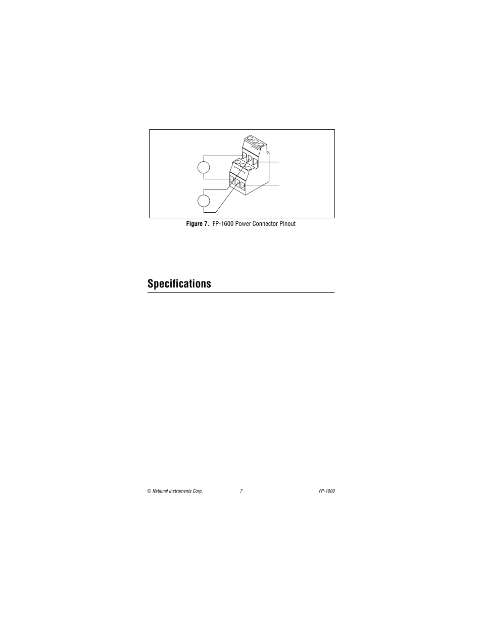 Figure 7. fp-1600 power connector pinout, Specifications | National Instruments FIELDPOINT FP-1600 User Manual | Page 7 / 8
