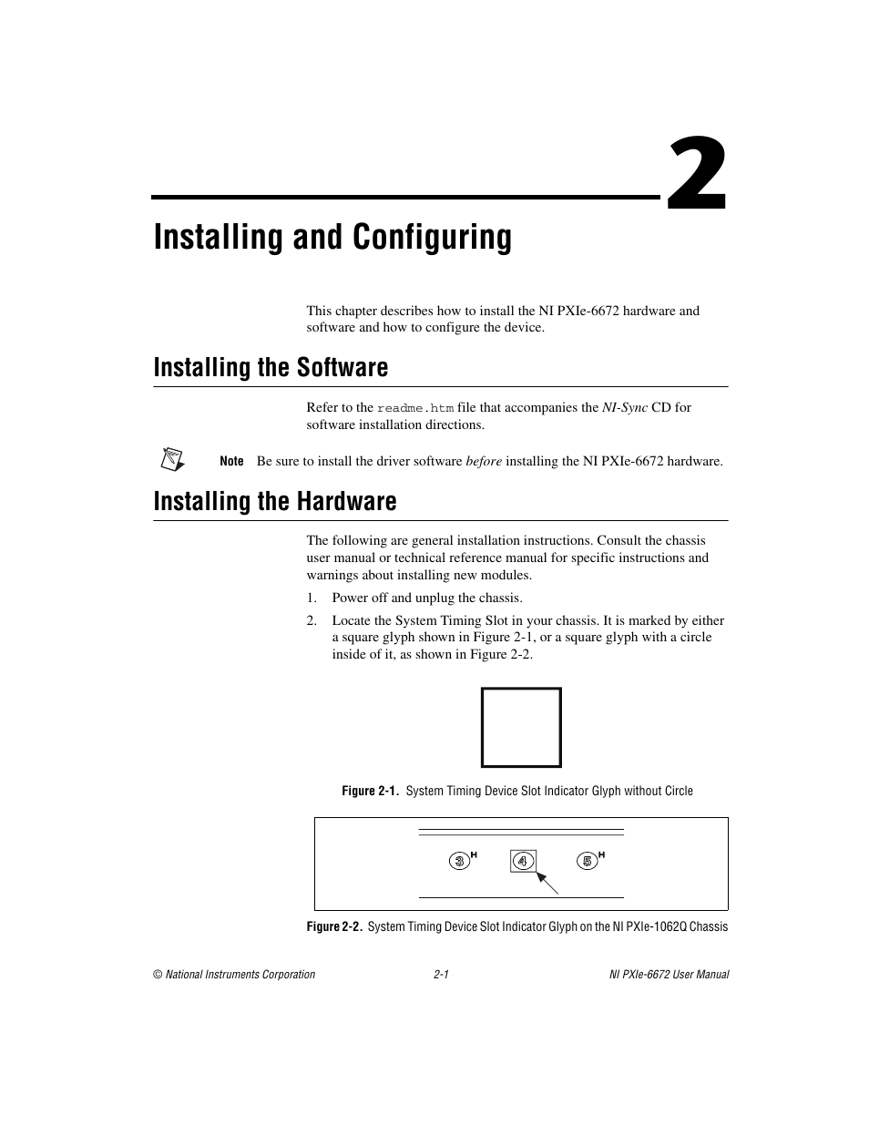 Chapter 2 installing and configuring, Installing the software, Installing the hardware | Installing and configuring | National Instruments NI PXIe-6672 User Manual | Page 12 / 57