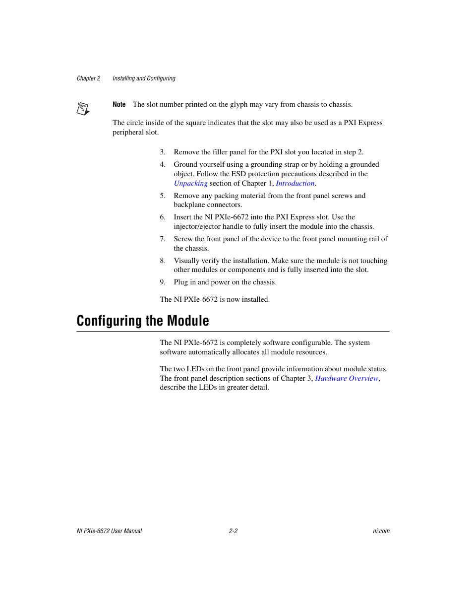 Configuring the module, Configuring the module -2 | National Instruments NI PXIe-6672 User Manual | Page 13 / 57