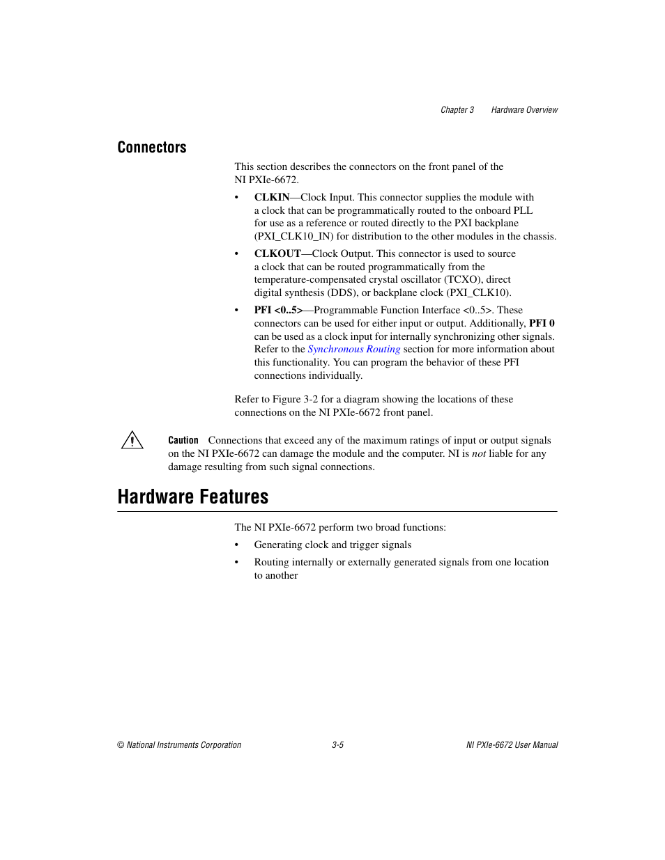 Connectors, Hardware features, Connectors -5 | Hardware features -5 | National Instruments NI PXIe-6672 User Manual | Page 18 / 57