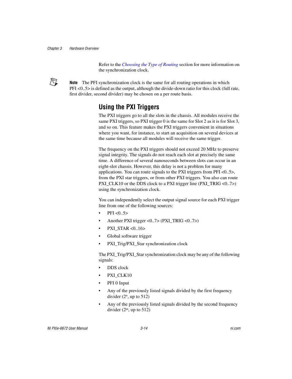 Using the pxi triggers, Using the pxi triggers -14 | National Instruments NI PXIe-6672 User Manual | Page 27 / 57