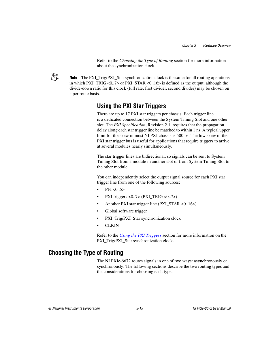 Using the pxi star triggers, Choosing the type of routing, Using the pxi star triggers -15 | Choosing the type of routing -15, Choosing, The type of routing | National Instruments NI PXIe-6672 User Manual | Page 28 / 57