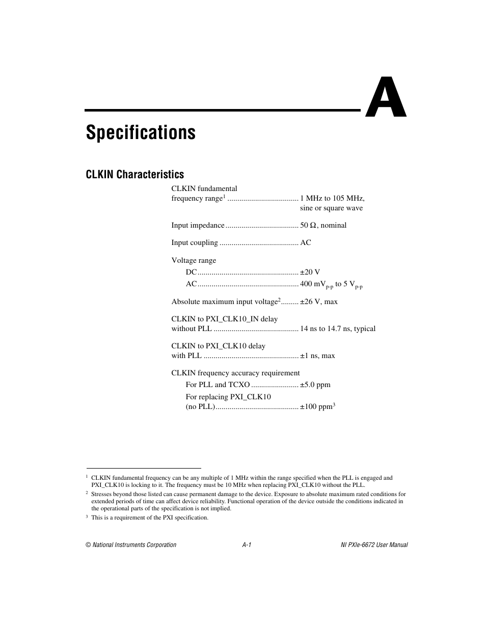 Appendix a specifications, Clkin characteristics, Ix a | Specifications, This calibr | National Instruments NI PXIe-6672 User Manual | Page 36 / 57