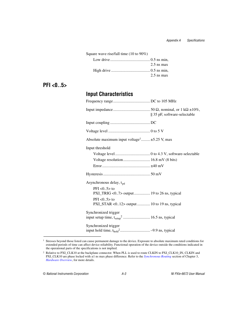 Pfi <0, Input characteristics, Pfi <0 > input characteristics | National Instruments NI PXIe-6672 User Manual | Page 38 / 57