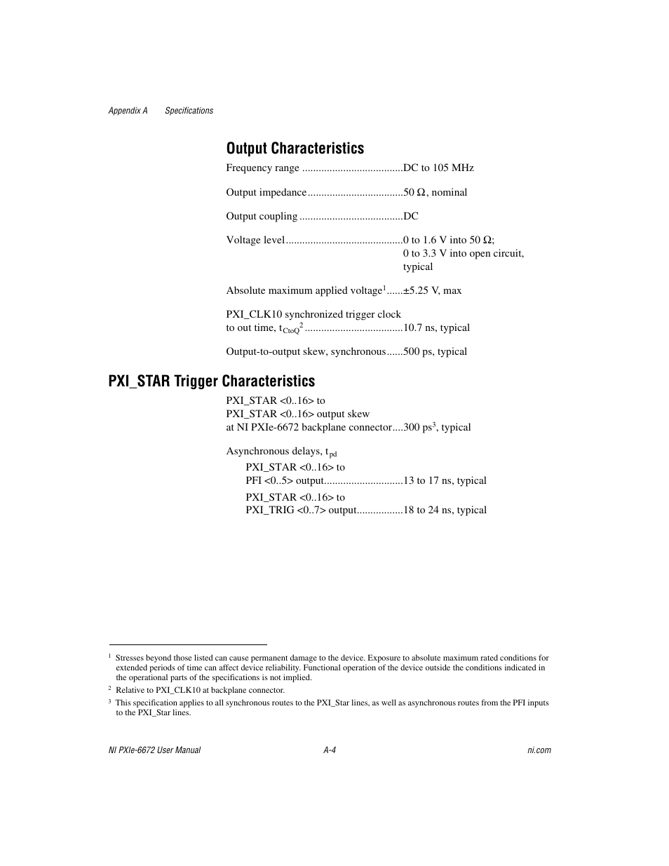 Output characteristics, Pxi_star trigger characteristics | National Instruments NI PXIe-6672 User Manual | Page 39 / 57