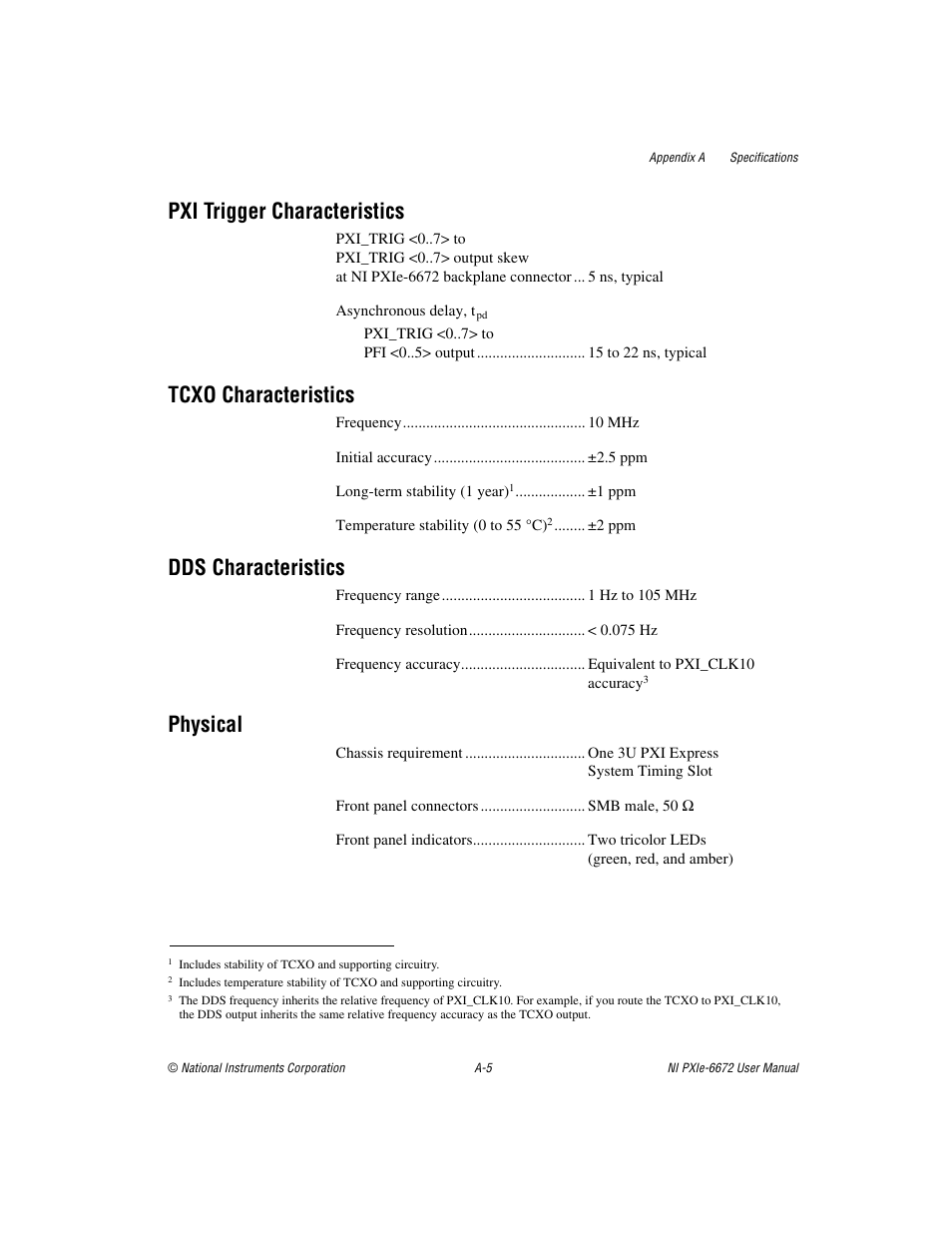 Pxi trigger characteristics, Tcxo characteristics, Dds characteristics | Physical | National Instruments NI PXIe-6672 User Manual | Page 40 / 57
