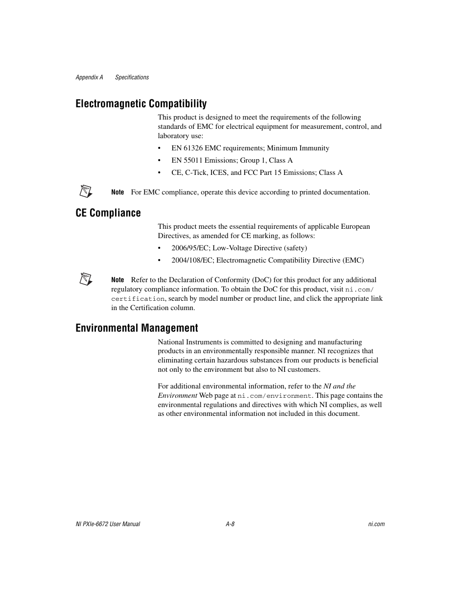 Electromagnetic compatibility, Ce compliance, Environmental management | National Instruments NI PXIe-6672 User Manual | Page 43 / 57