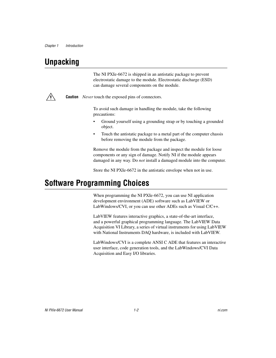 Unpacking, Software programming choices, Unpacking -2 software programming choices -2 | National Instruments NI PXIe-6672 User Manual | Page 9 / 57