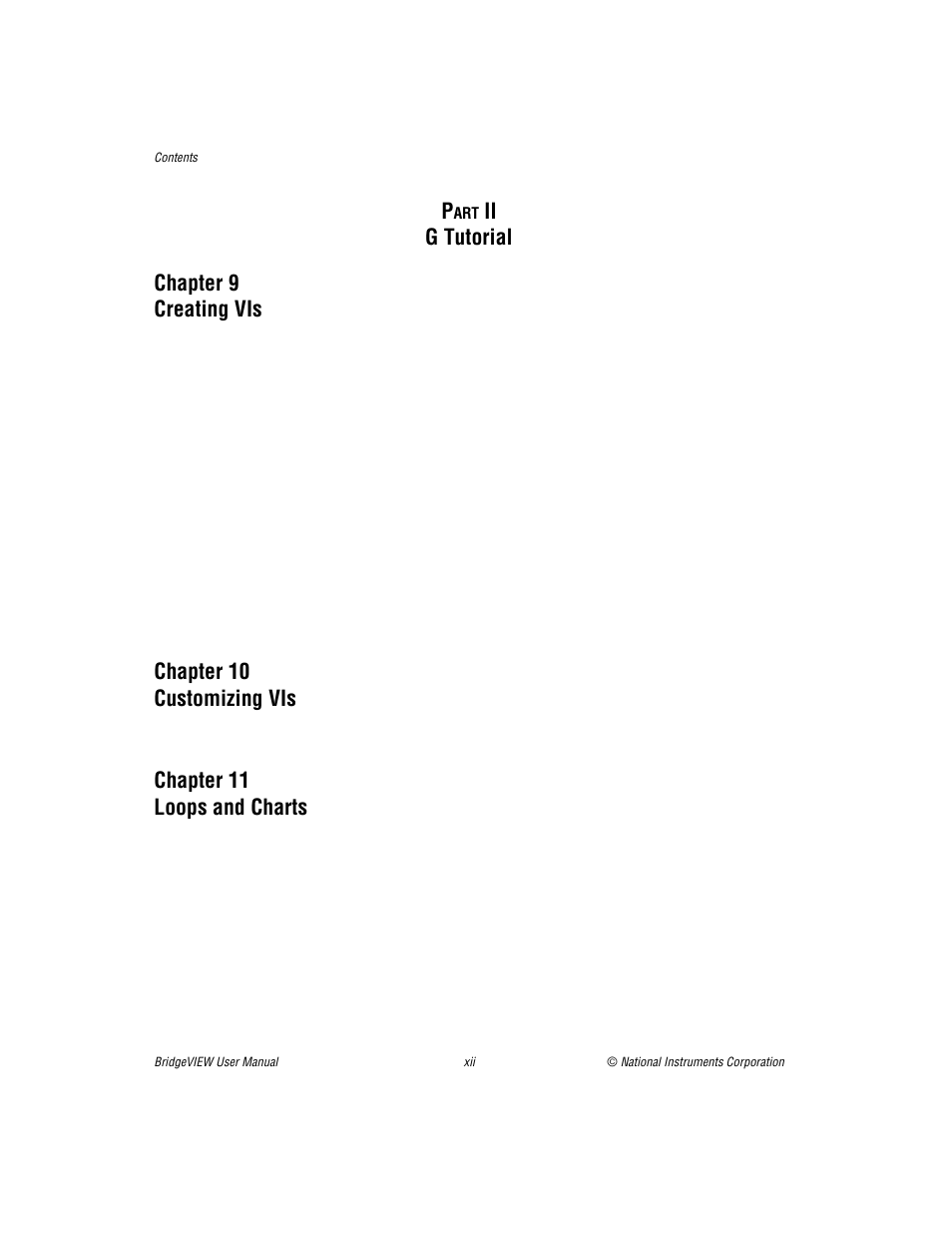 Ii g tutorial chapter 9 creating vis, Chapter 10 customizing vis, Chapter 11 loops and charts | National Instruments BridgeVIEW User Manual | Page 11 / 455