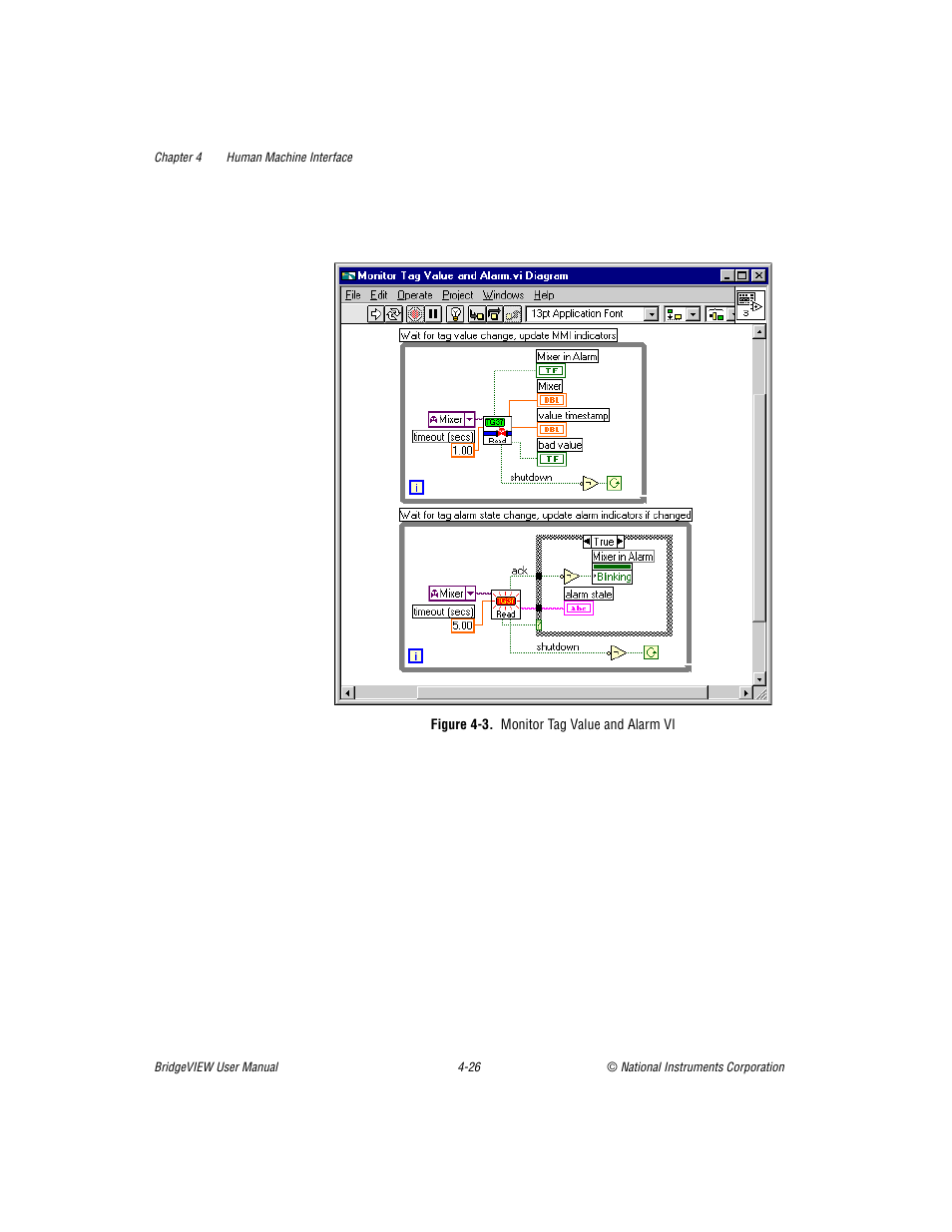 Figure 43. monitor tag value and alarm vi, Figure 4-3, Monitor tag value and alarm vi -26 | National Instruments BridgeVIEW User Manual | Page 130 / 455