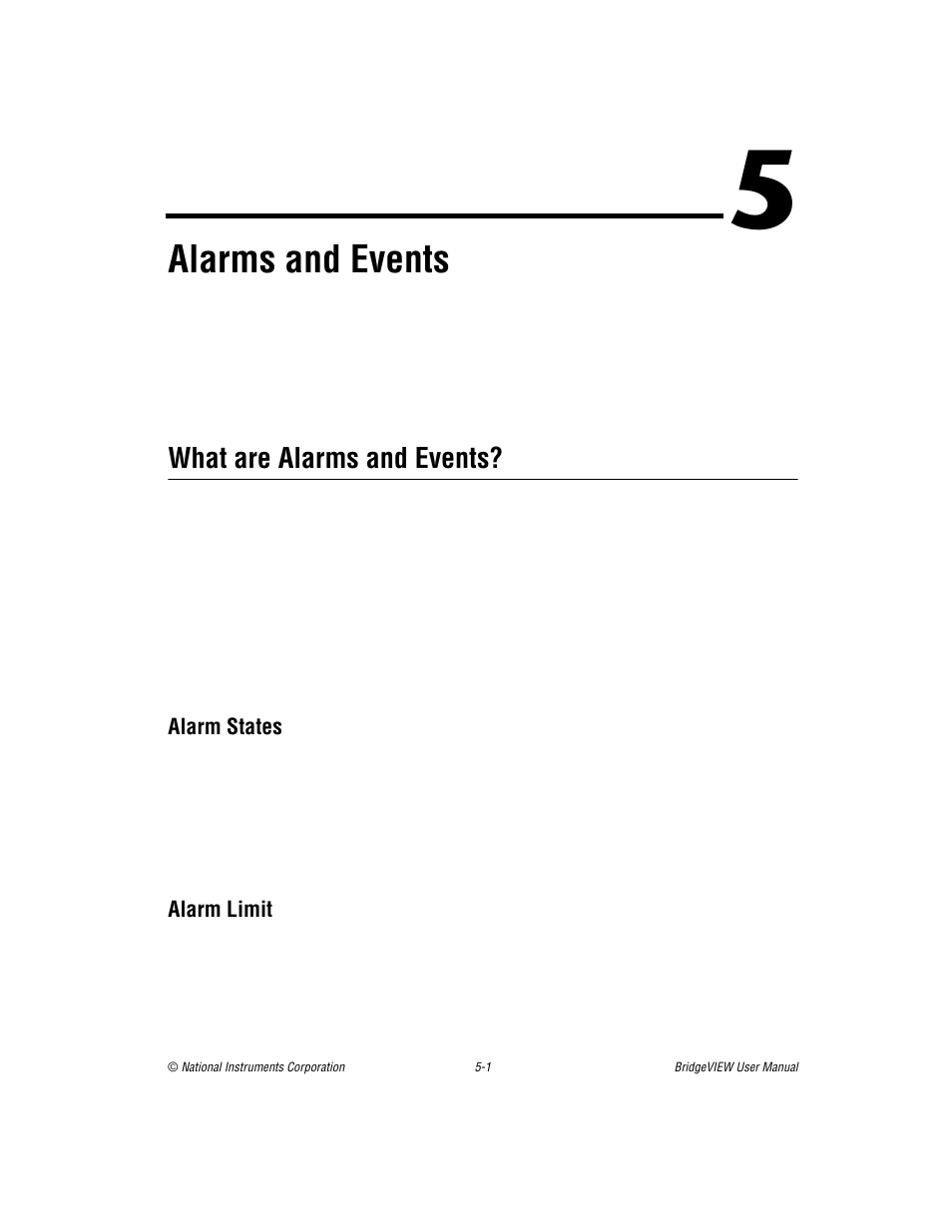 Chapter 5 alarms and events, What are alarms and events, Alarm states | Alarm limit, Chapter 5, Alarms and events, What are alarms and events? -1, Alarm states -1 alarm limit -1, Er 5, Introduces | National Instruments BridgeVIEW User Manual | Page 138 / 455