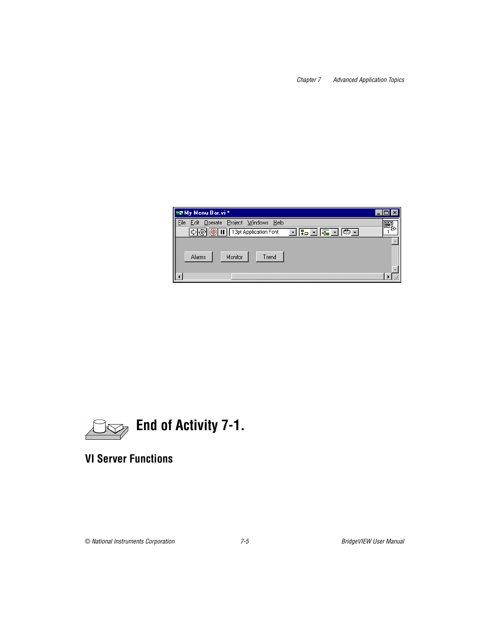 Vi server functions, Vi server functions -5, End of activity 7-1 | National Instruments BridgeVIEW User Manual | Page 173 / 455