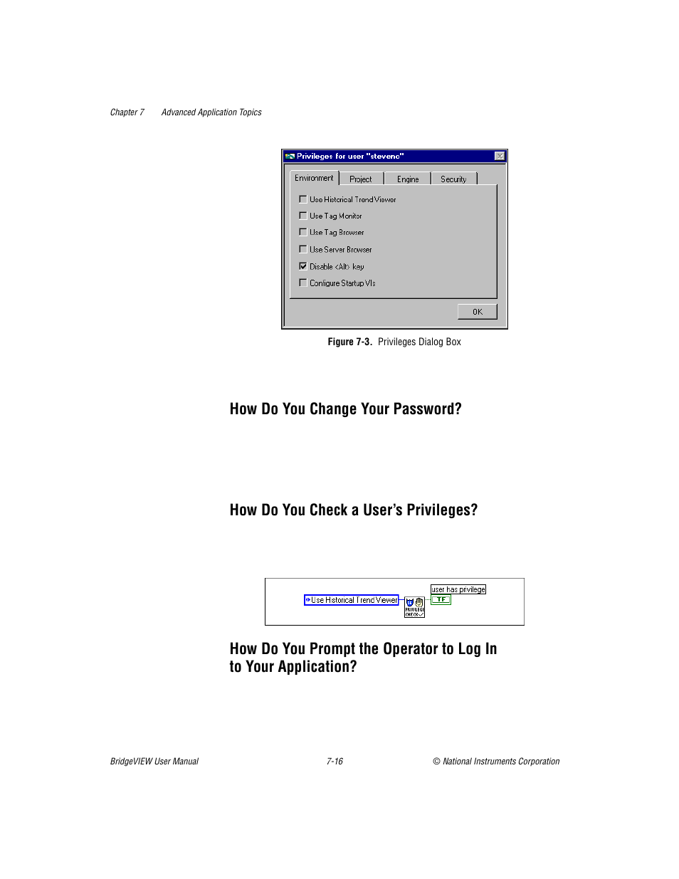 How do you change your password, How do you check a user’s privileges, Figure 73. privileges dialog box | To your application? -16, Figure 7-3, Privileges dialog box -15, N in figure 7-3, How do you check a users privileges | National Instruments BridgeVIEW User Manual | Page 184 / 455