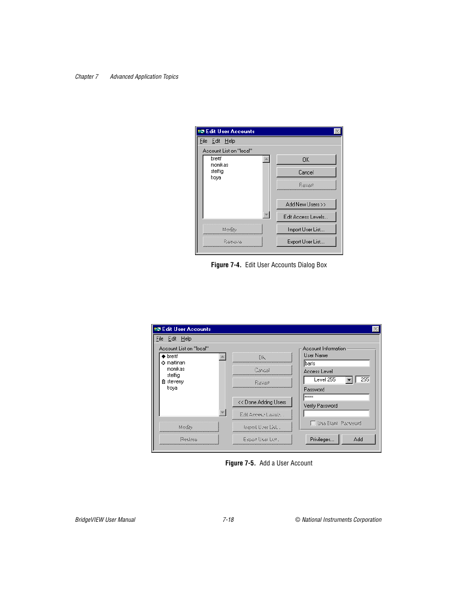 Figure 74. edit user accounts dialogbox, Figure 75. add a user account, Figure 7-4 | Edit user accounts dialog box -17, Figure 7-5, Add a user account -17 | National Instruments BridgeVIEW User Manual | Page 186 / 455