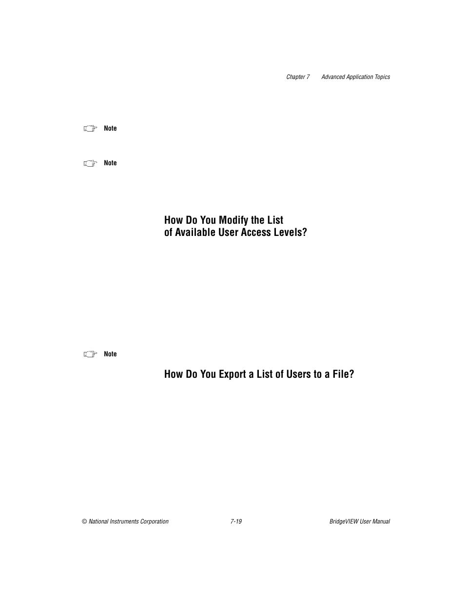 How do you export a list of users to a file, How do you modify the list of available user, Access levels? -19 | How do you export a list of users to a file? -19 | National Instruments BridgeVIEW User Manual | Page 187 / 455