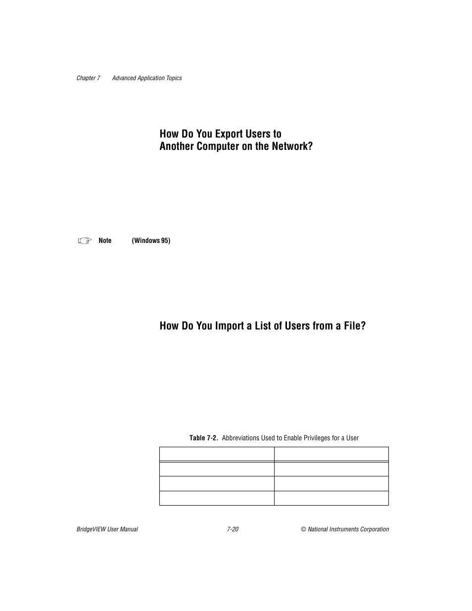 How do you import a list of users from a file, How do you export users to another computer, On the network? -20 | How do you import a list of users from a file? -20, Table 7-2 | National Instruments BridgeVIEW User Manual | Page 188 / 455