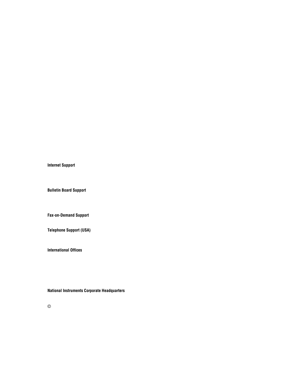 Support, Internet support, Bulletin board support | Fax-on-demand support, Telephone support (usa), International offices, National instruments corporate headquarters | National Instruments BridgeVIEW User Manual | Page 2 / 455