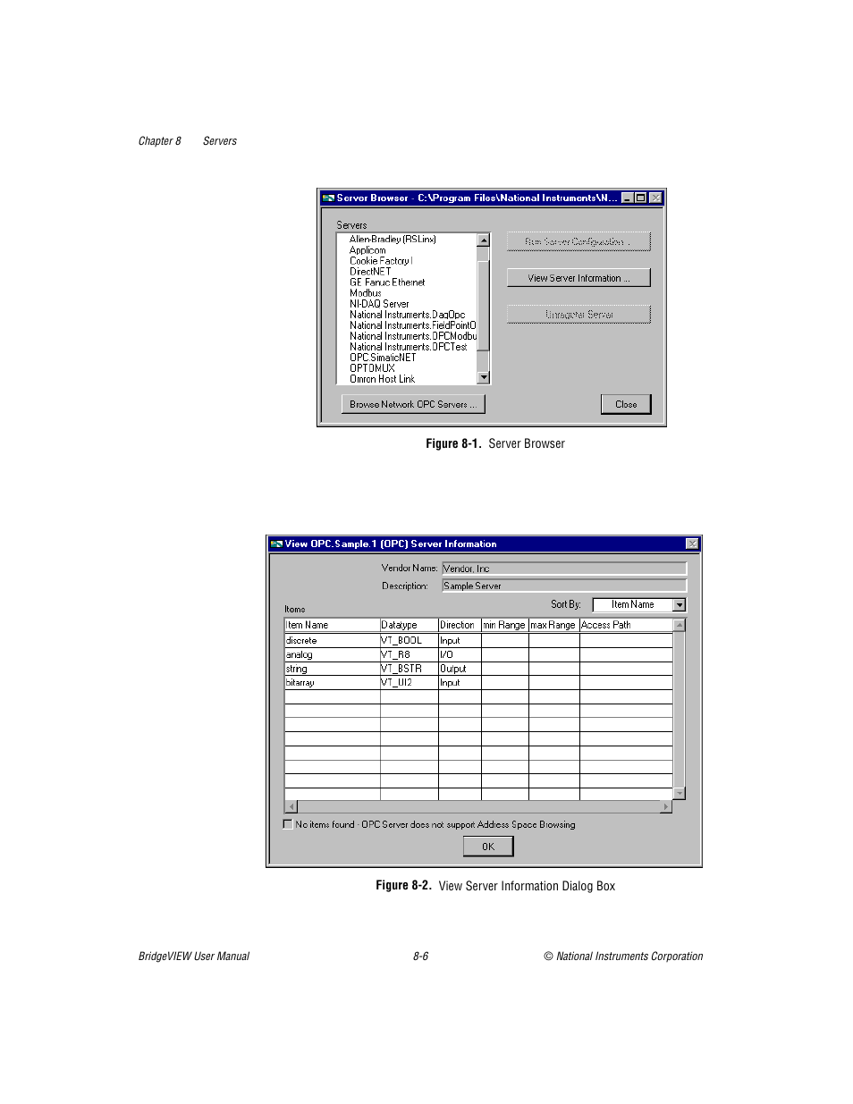 Figure 81. server browser, Figure 82. view server information dialog box, Figure 8-1 | Server browser -6, Figure 8-2, View server information dialog box -7 | National Instruments BridgeVIEW User Manual | Page 201 / 455